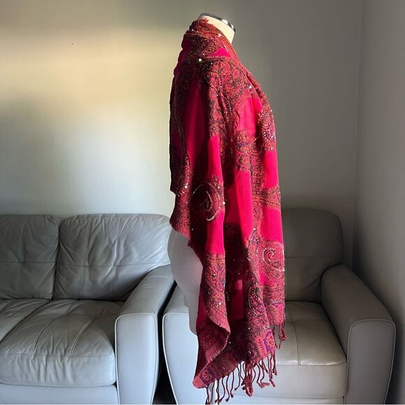 NEW Heirloom Anna Pashmina Shawl Pure Wool Beaded Sequined Embroidered Dark Red - Picture 11 of 16